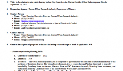 Request for City Council to hear DURA proposal for Welton Corridor Urban Redevelopment Plan